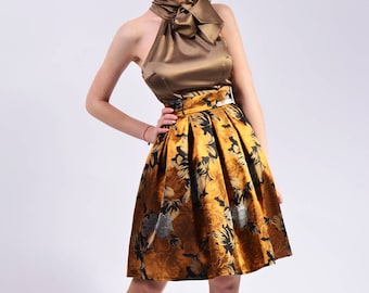 Pleated Skirt, Midi Calf Length High Waisted, For Ladies | Gina 1 Brocade