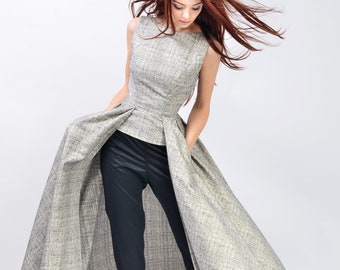 Long Pleated Sleeveless Dress, Boat Neck Collar Gown | Elsa