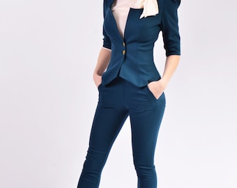 Office Suit With Skinny Straight Pants, Two Buttons Blazer Jacket for Women | Maia