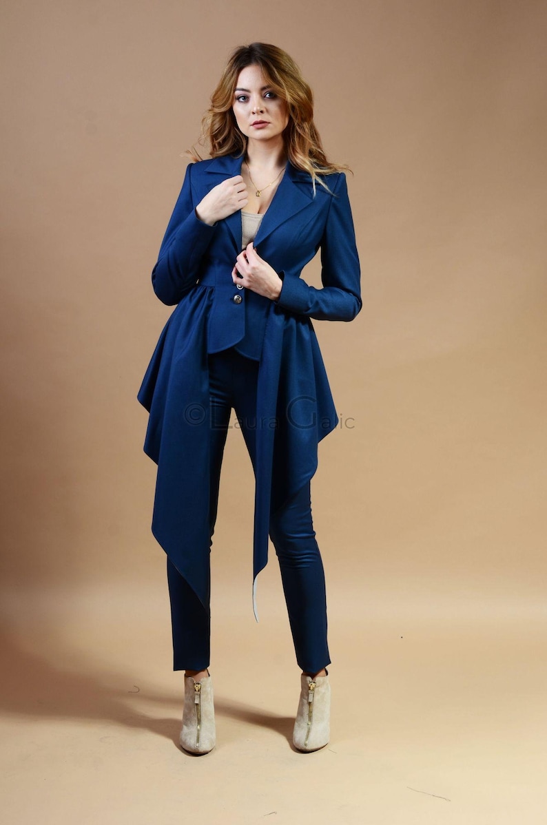Blue Blazer Suit for Women, Tapered Pants, Office Style image 5