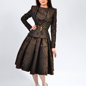 Three Piece Brocade Suit for Women, Pleated Skirt, Long Sleeves Blazer