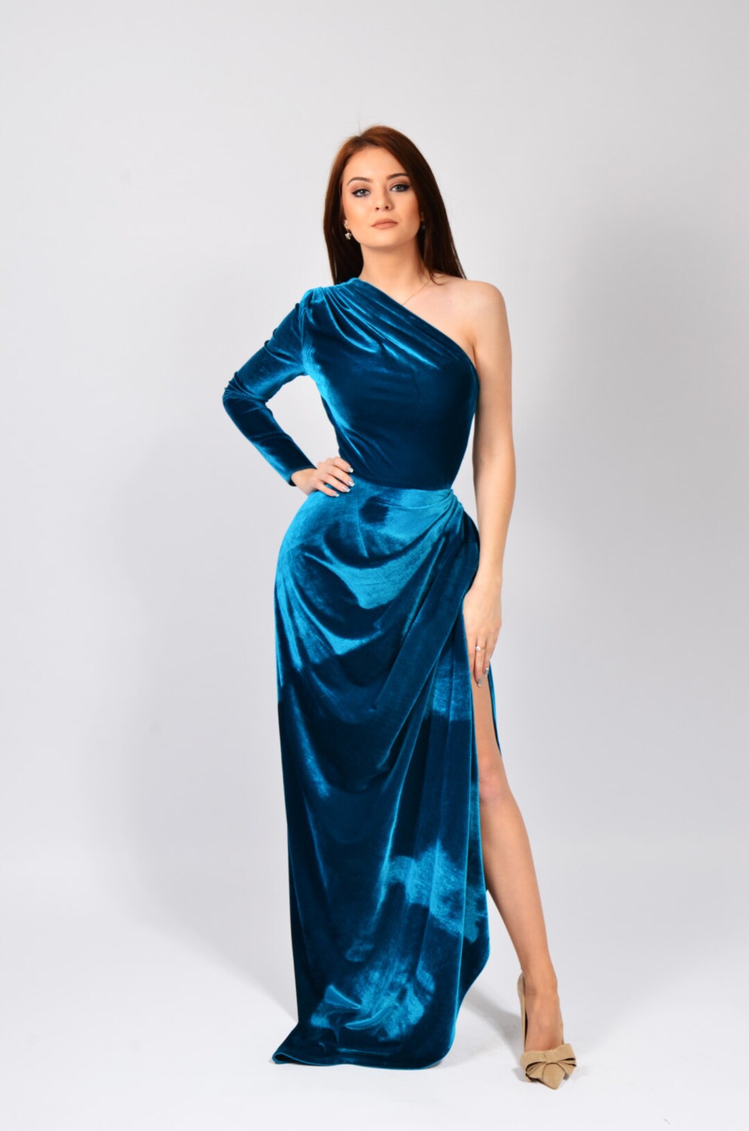 One-Shoulder Long Velvet Dresses with Slit Watermelon
