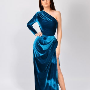 One Shoulder Long Slit Dress, Maxi One Sleeve Velvet Gown | Carla