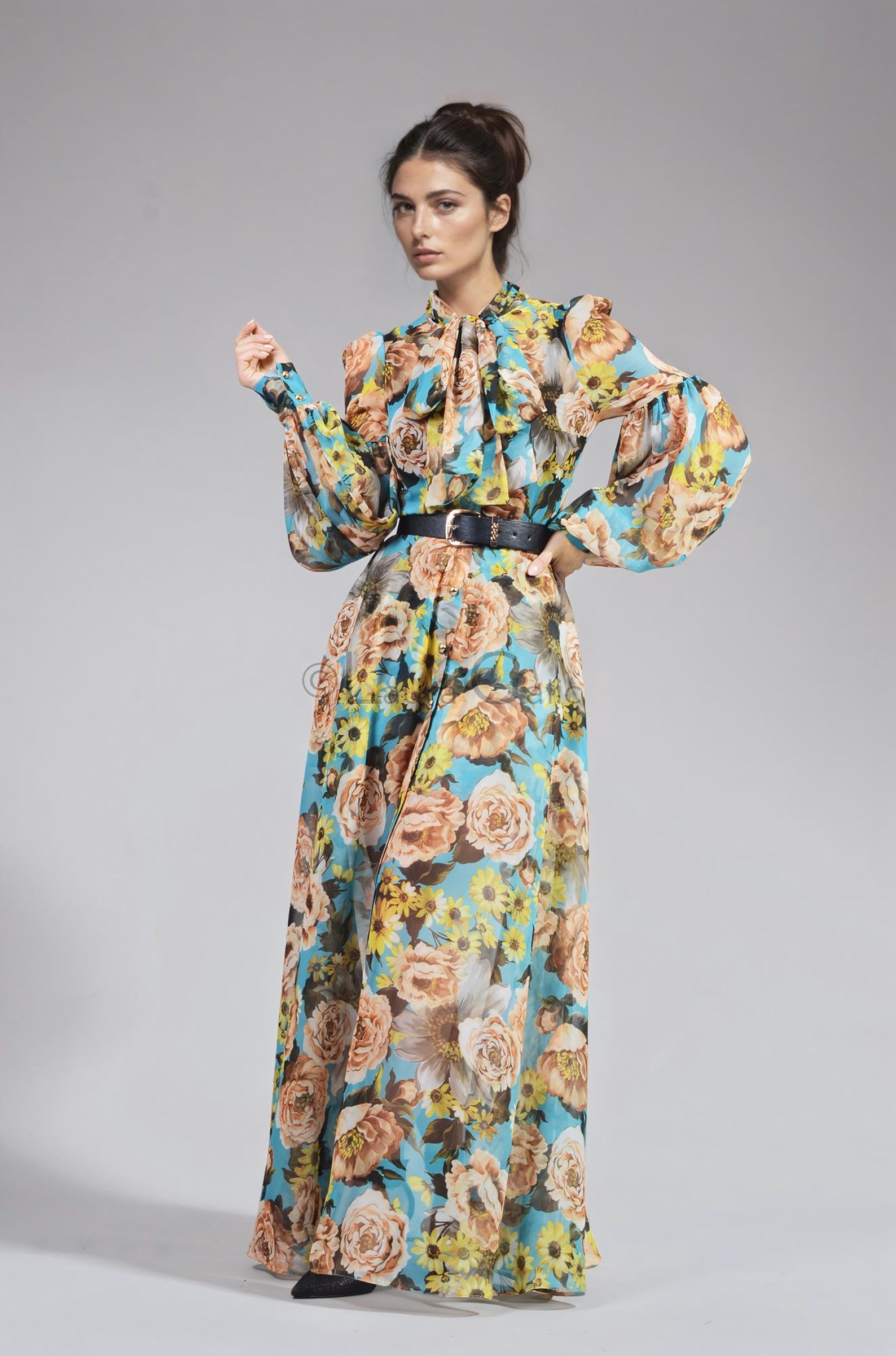 Cap Sleeve Pleated A-Line Chiffon Long Dress Flamingo main image 1
