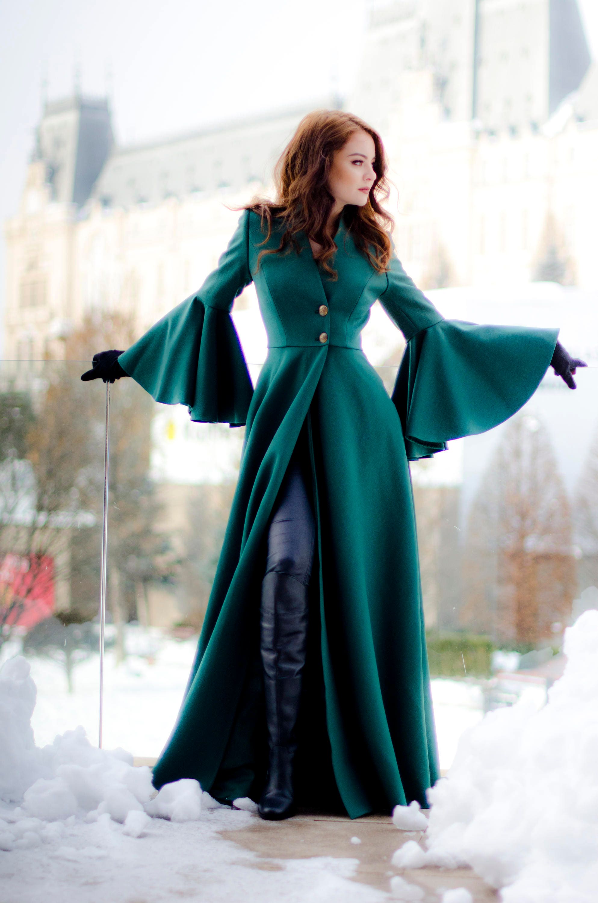 Long Coat, Maxi Large Sleeves Winter Pleated Jacket for Women