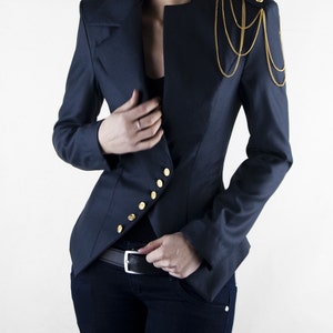 Asymmetrical Blazer, Women&#39;s Jacket, Office Jacket, Shoulder Chain, Navy Color Blazer | Milla with chain