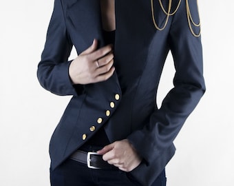 Asymmetrical Blazer, Women's Jacket, Office Jacket, Shoulder Chain, Navy Color Blazer | Milla with chain