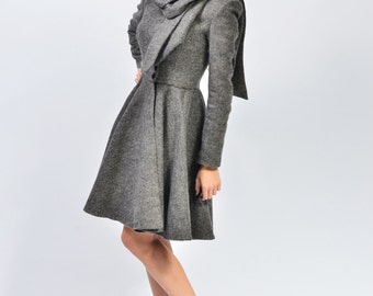 Wool Midi Wrap Coat with Scarf Collar