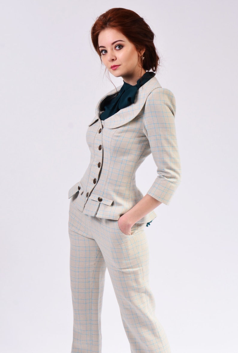 Henrietta Wrap Rounded Peter Pan Collar Blazer Jacket Office Suit with Straight Pants for Women