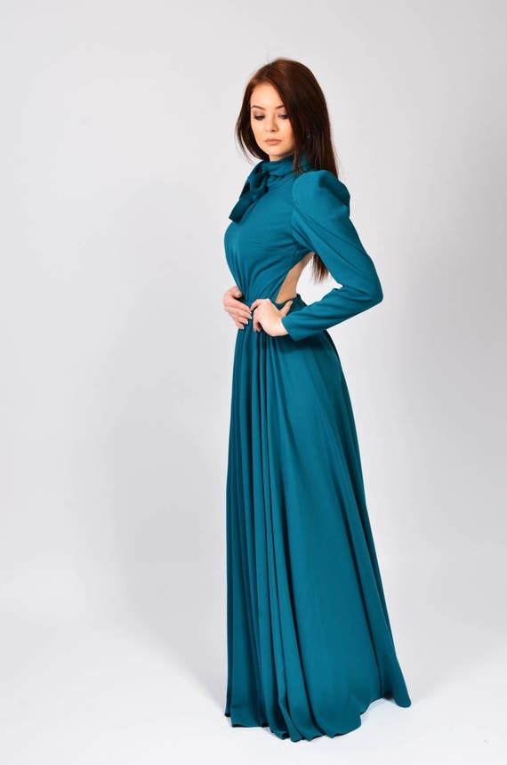 Vestido plisado largo sin espalda manga larga Vestido de bufanda de lazo Lisandra Etsy Mexico