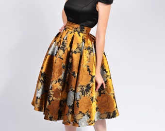 Pleated Skirt, Flared Midi Below The Knee, Brocade, Elegant | Marisa