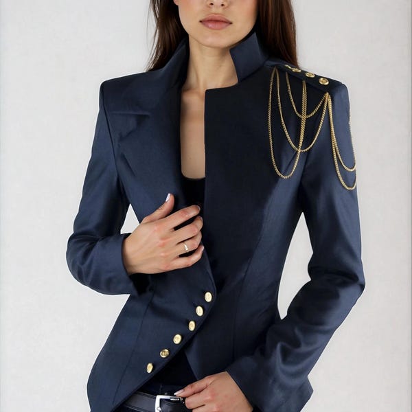 Asymmetrical Blazer, Navy Jacket with Shoulder Chain