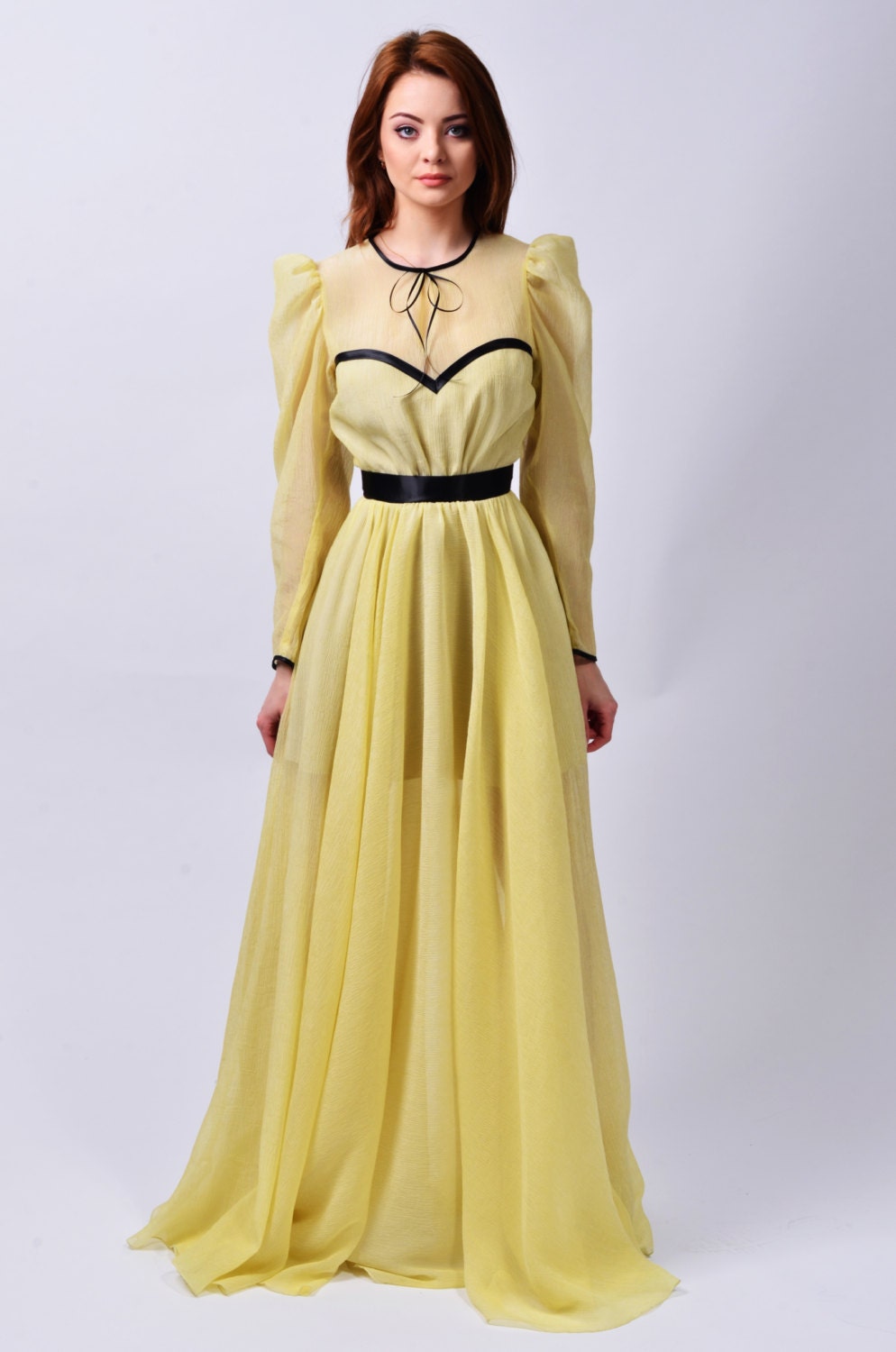 Empire Waist Long Dress Long Sleeves Maxi Pleated Gown Etsy