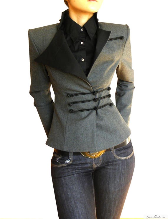 Midi Wrap Blazer, High Shoulder Jacket for Women, Made to Order