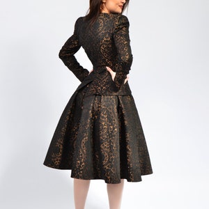 Three Piece Brocade Suit for Women, Pleated Skirt, Long Sleeves Blazer