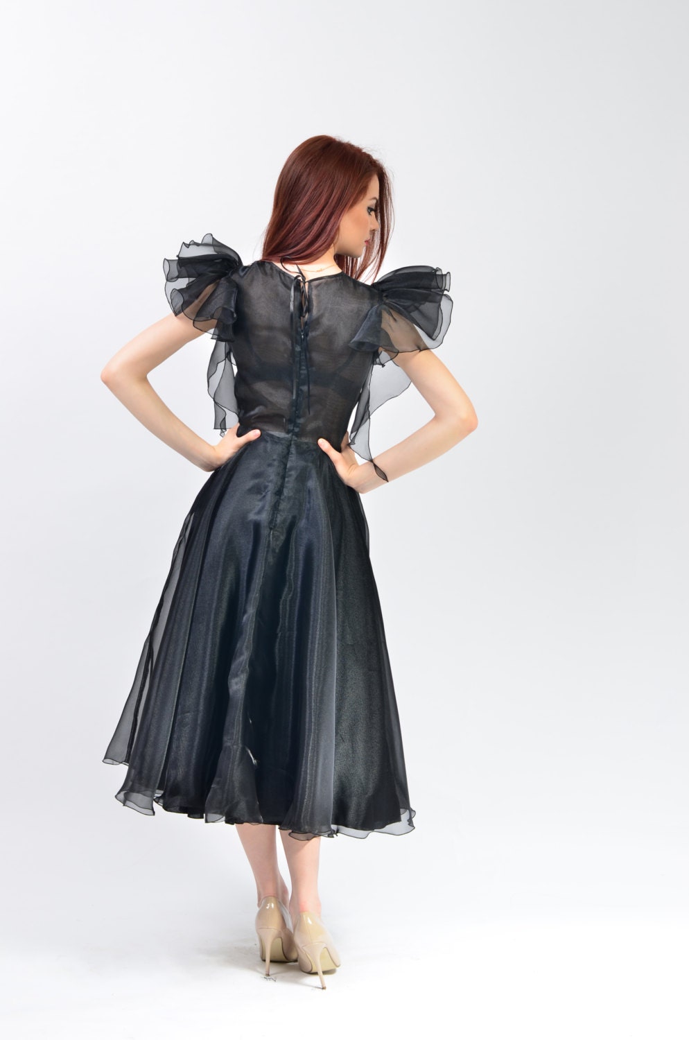 See Through Midi Ruffle Shoulder Dress Organza Sleeveless | Etsy