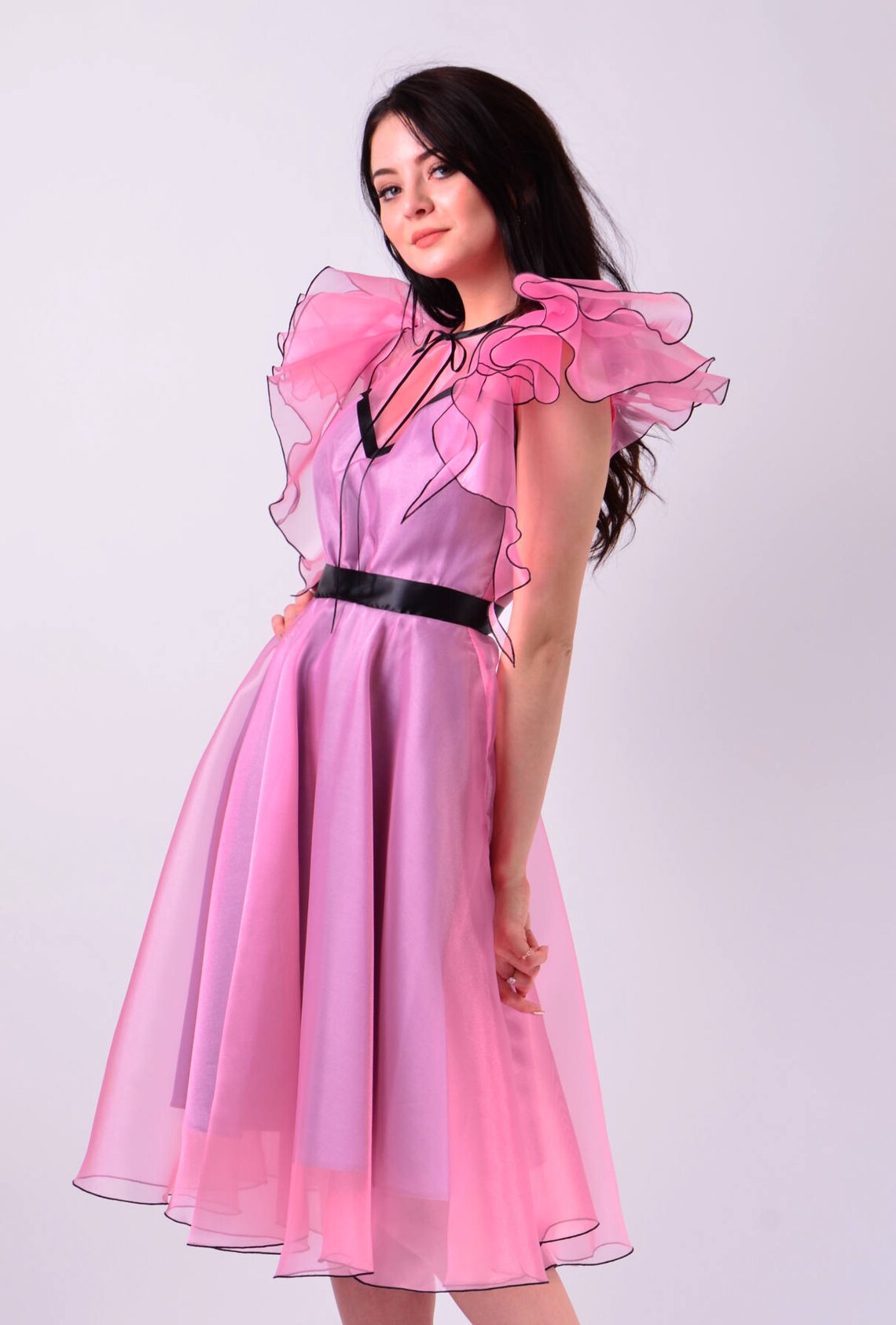 Pleated long dress with organza pleated cape sleeves in Light Pink