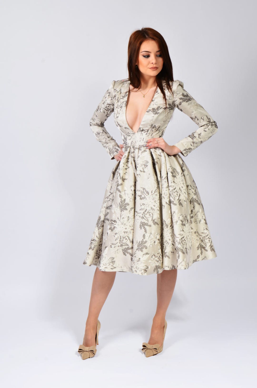 Deep V Neck Midi Dress With Long Sleeves, Ball Gown | Angela 1 - Etsy