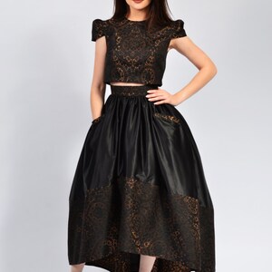 Two Piece Brocade Ensemble, Asymmetric Long Skirt, Sleeveless Top | Carolina-Bianca