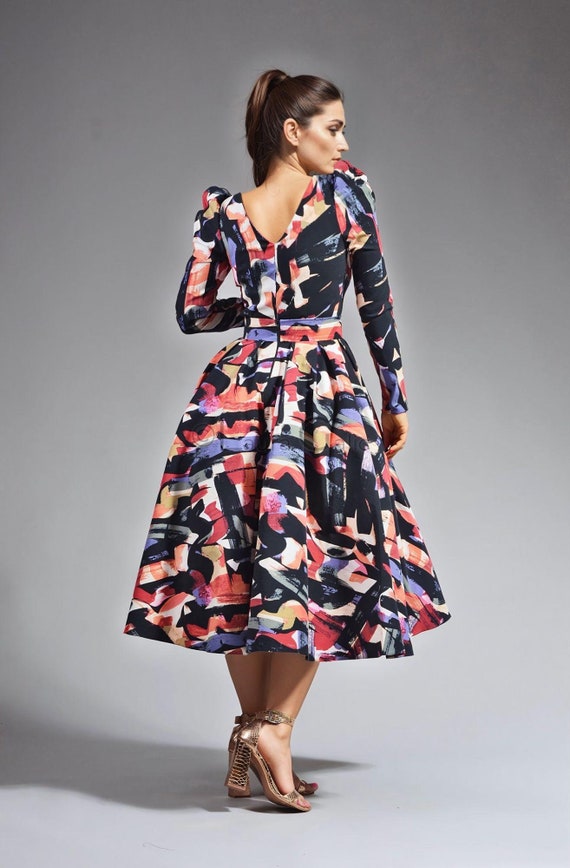 Abstract Print Pleated Midi Dress, Elegant A-Line Cocktail Ensemble, Marisa Ensemble Abstract Print Pleated Midi Dress, Elegant A-Line Cocktail Ensemble, Marisa Ensemble