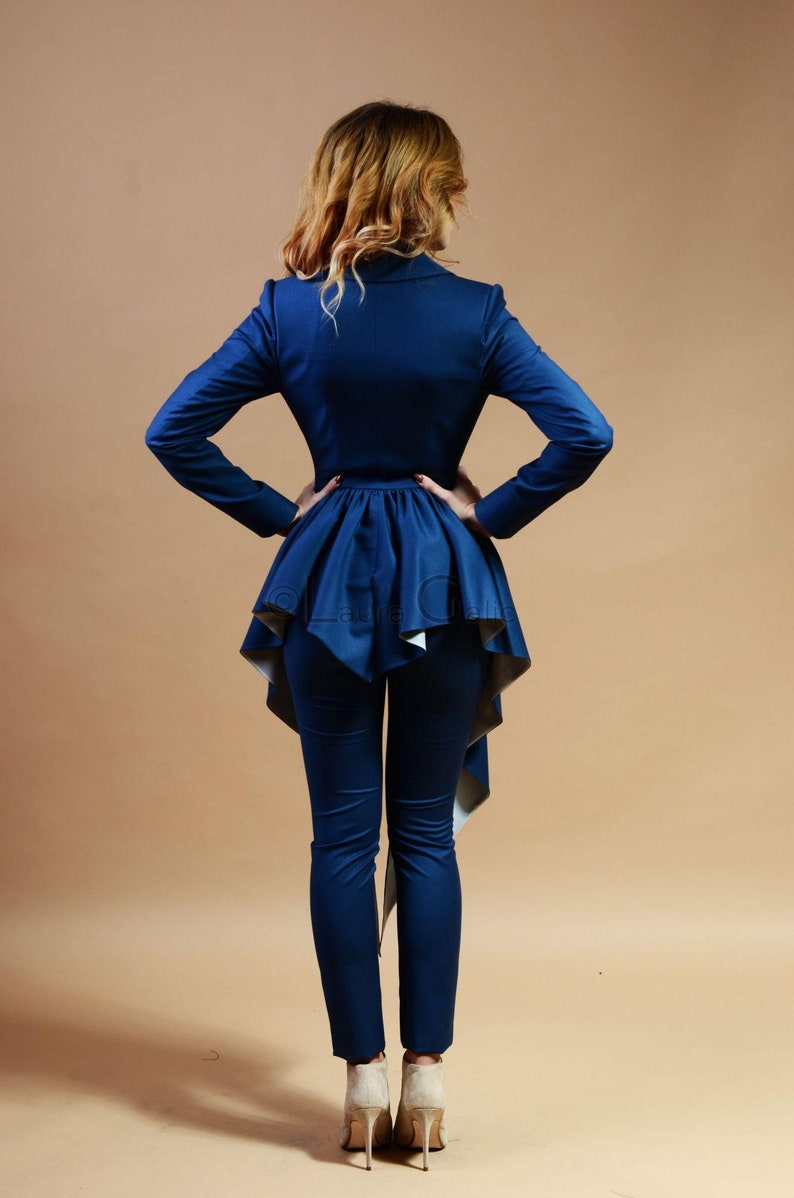 Blue Blazer Suit for Women, Tapered Pants, Office Style image 7