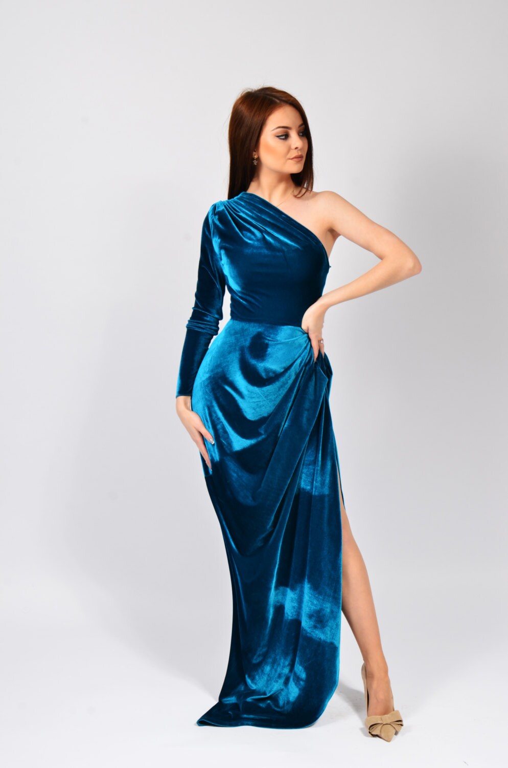 One Shoulder Long Slit Dress, Maxi One Sleeve Velvet Gown | Carla One Shoulder Long Slit Dress, Maxi One Sleeve Velvet Gown | Carla