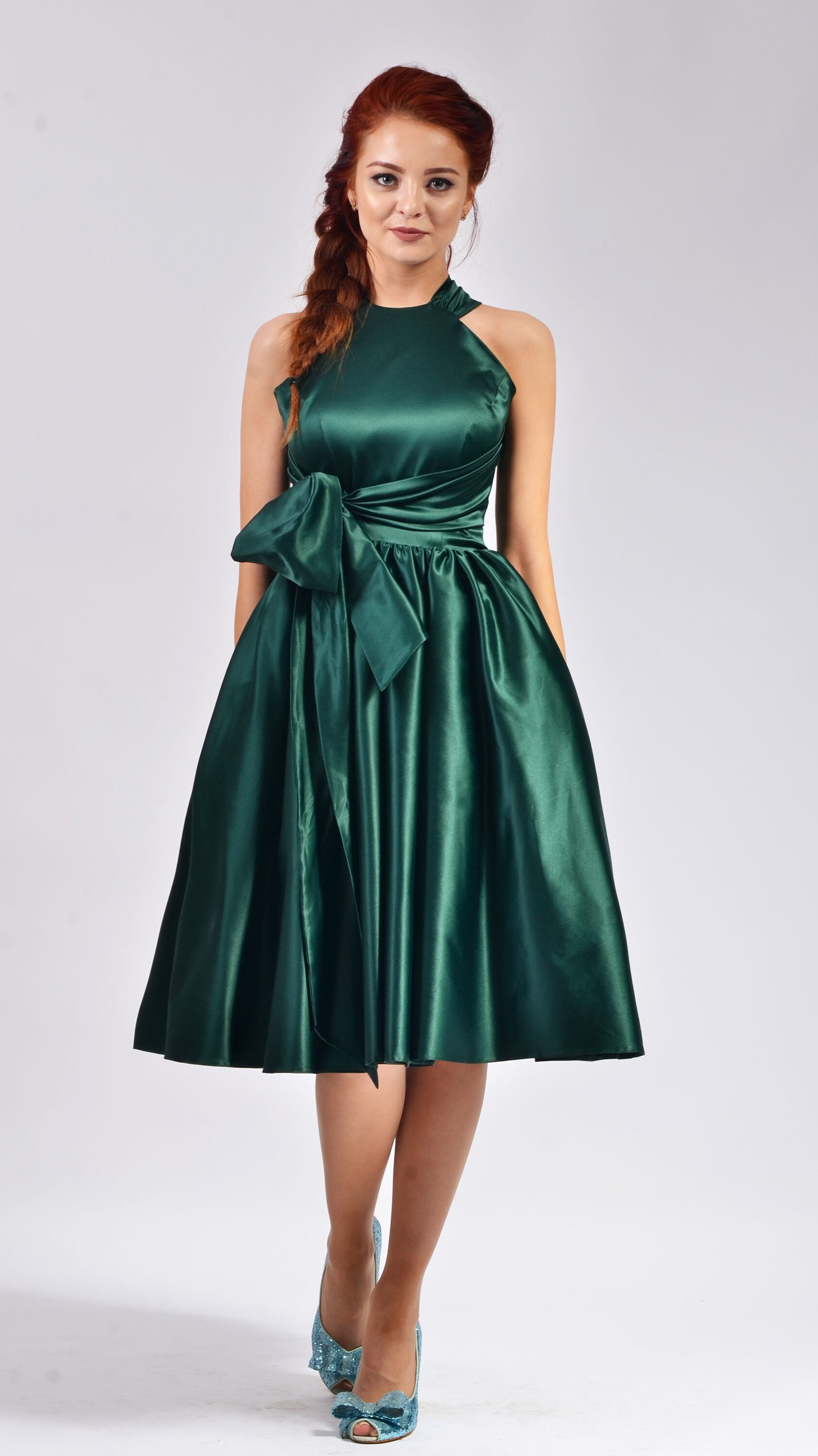 Knee Length Sleeveless Bow Belt Dress, Midi Cross Back