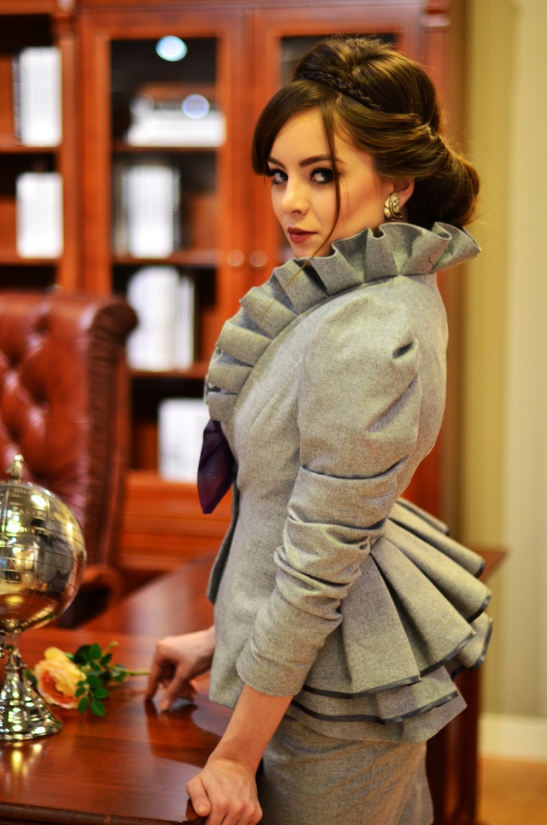 Office Suit With Straight Skirt, Ruffle Collar Blazer, Two Buttons Jacket, Made To Order Sabrine image 3