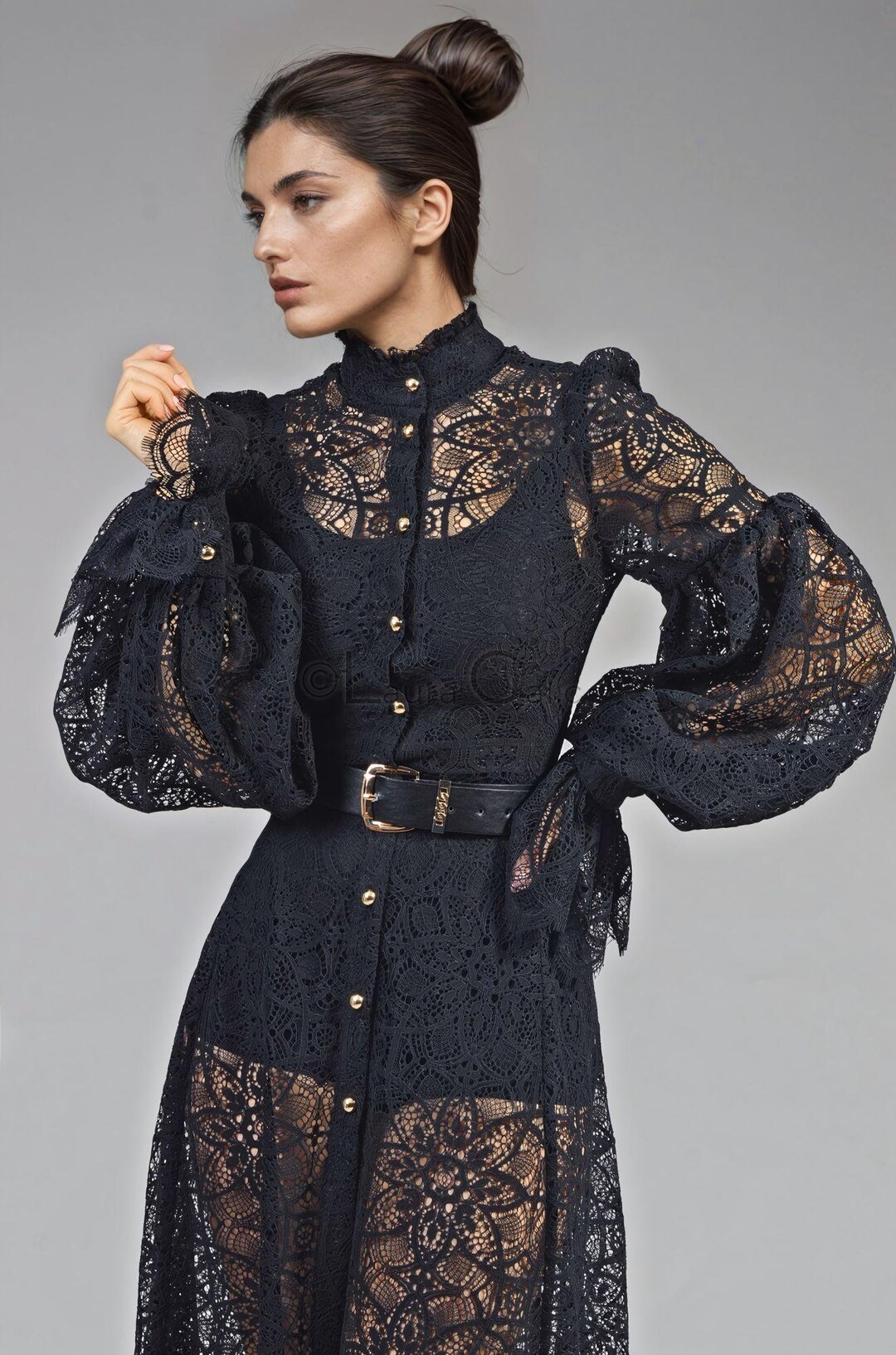 Lace To Long Sleeves Pleated Dress Dusk
