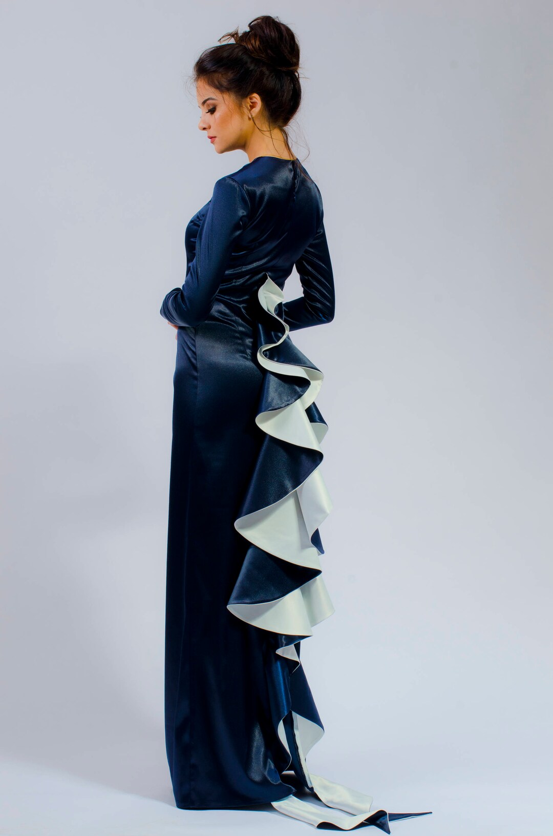 Ruffle Back Maxi Dress, High Neck Long Sleeves Gown | Serena - Etsy