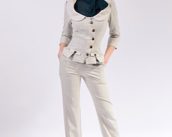 Women's Plaid Office Suit with Peter Pan Collar Blazer