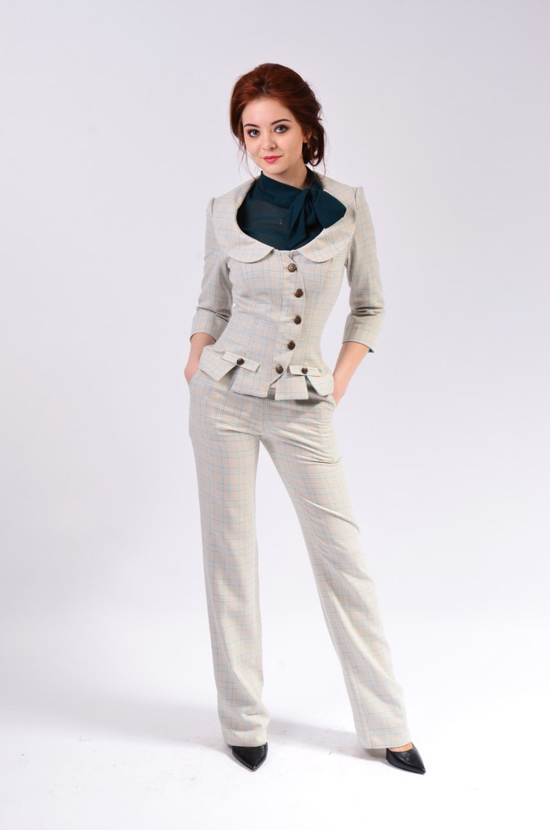 Henrietta Wrap Rounded Peter Pan Collar Blazer Jacket Office Suit with Straight Pants for Women