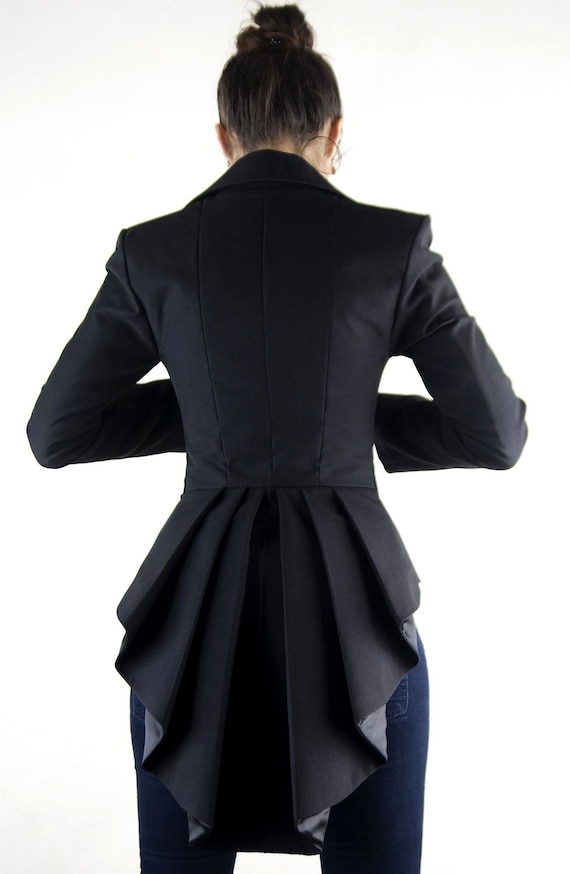 Women's Black Suit, White Ruffle Long Sleeve Blouse, Black Lace Pumps |  Lookastic