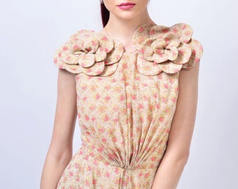 Long Sleeveless Pleated Dress, Shoulder Flower Maxi Gown | Magdala