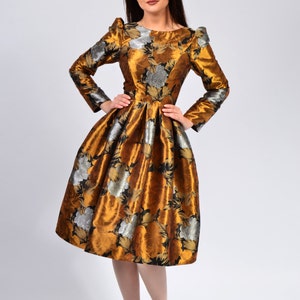 Midi Pleated Dress Bateau Collar, Long Sleeves Gown Celine 2