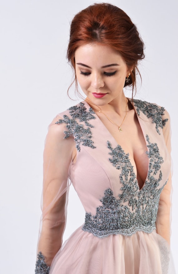 LauraGalic Deep V Neck Midi Long Sleeves Dress, Organza See Through Pleated Gown | Charlote