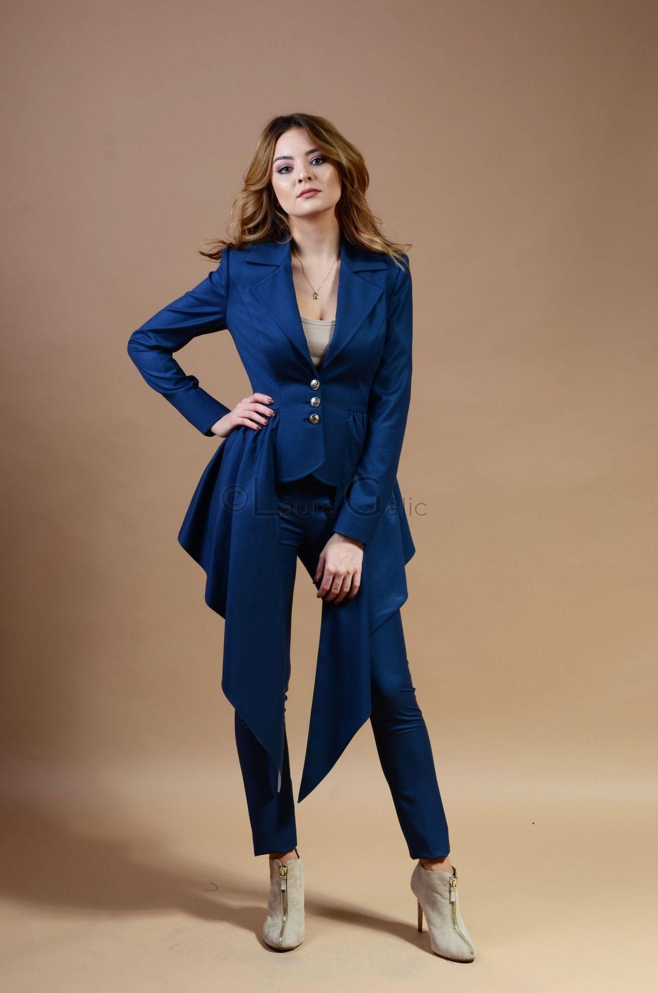 Blue Suit for Women, Jacket and Tight Pants Suit, Tapered Trousers