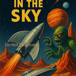 May include: Vintage science fiction book cover art featuring a retro rocket ship blasting off, a flying saucer, and a menacing green alien with red eyes. The title "MUTINY IN THE SKY" is in bold yellow letters against a dark blue space background.