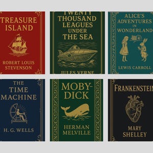 May include: Six classic books with gold-embossed illustrations and titles on solid-colored covers. Titles include Treasure Island, Twenty Thousand Leagues Under the Sea, Alice's Adventures in Wonderland, The Time Machine, Moby-Dick, and Frankenstein.