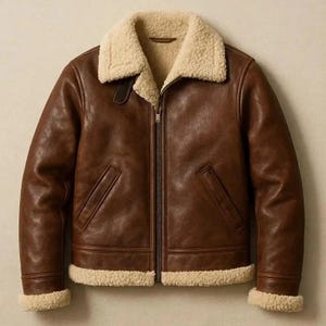Men’s Shearling Leather Jacket Brown Bomber Aviator Flight Real Sheepskin Coat