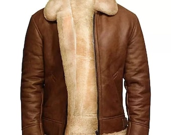 Men's Brown Shearling B3 Bomber Jacket: Handmade Aviator Sheepskin Leather Coat