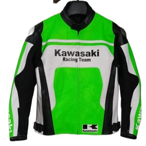 Kawasaki Racing Team Leather Jacket – Green White Black Motorcycle Biker Gear