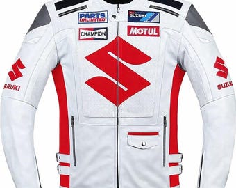 Suzuki White Leather Motorcycle Jacket Men | Biker Racing | Motul MotoGP Style | Cafe Racer Jacket