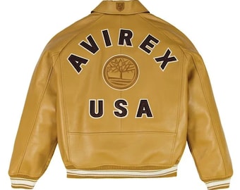 Mens Avirex TIMBERLAND Real Leather Varsity Jacket Yellow Limited Edition Coat