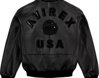 Men's Avirex Black Real Bomber American Flight Jacket 100% Lambskin Leather Jacket