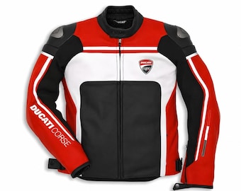Ducati Corse Leather Motorcycle Jacket Red White Racing Biker Jacket for Men
