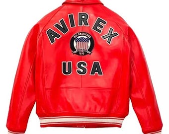 Men's Avirex Bomber Leather Red Jacket Real Lambskin American Flight Coat