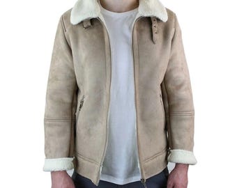 Men's Suede Shearling Aviator Jacket: Handmade Sheepskin Leather B3