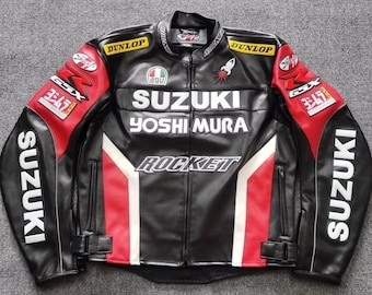 Suzuki Yoshimura Racing Leather Jacket Black & Red GSX Motorcycle Biker Jacket