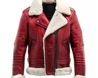 Men's Sheepskin RAF Pilot Jacket: Shearling Fur Lined Leather Bomber Christmas Jacket